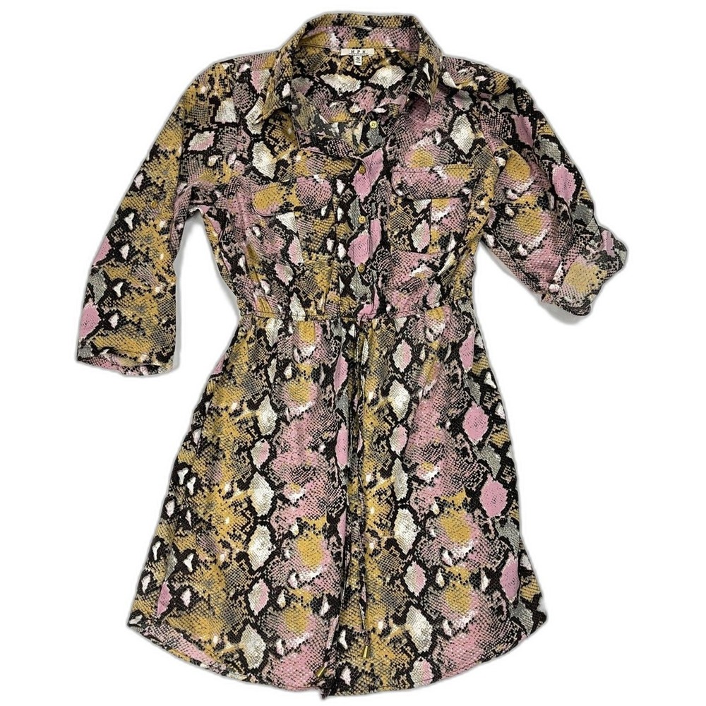 MPH Collection Pink Yellow Snakeskin Print Shirt Dress M Button Front Roll Tab